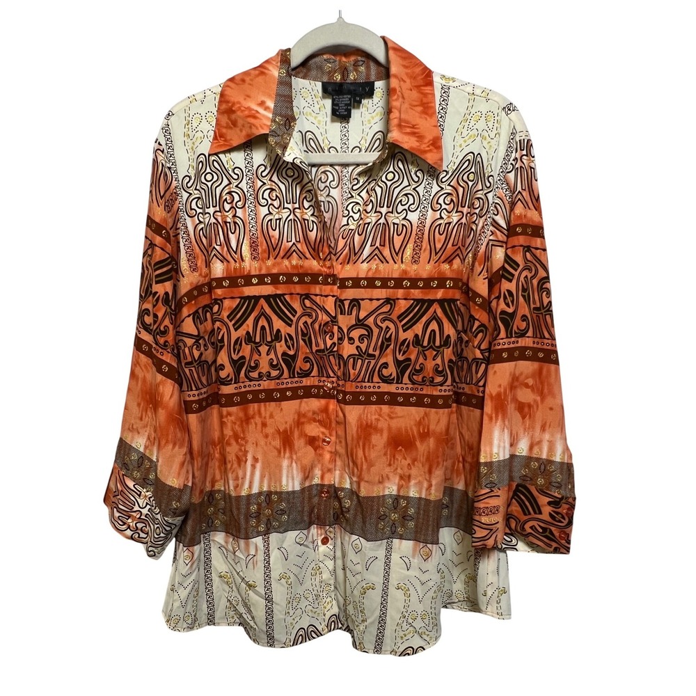 Ninety Womens‎ Plus 1X Orange Tribal Geometric Print Button Up Blouse 3/4 Sleeve